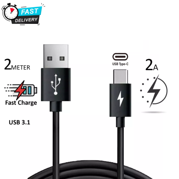 2M Black USB-A to USB-C Fast Charging & Data Sync Cable for Samsung Galaxy A52