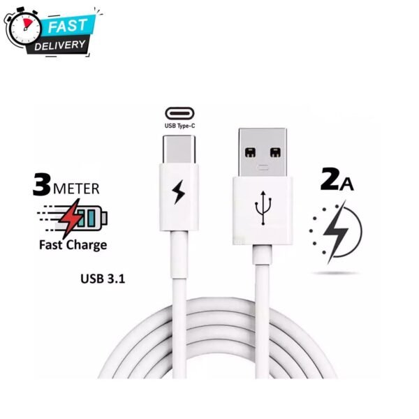 USB to Type-C 3M Charging Cable – Fast Charge & Data Sync (Black & White)